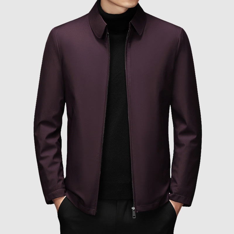 Men's navy blue slim-fit duck-down jacket with zipper closure for lightweight premium warmth