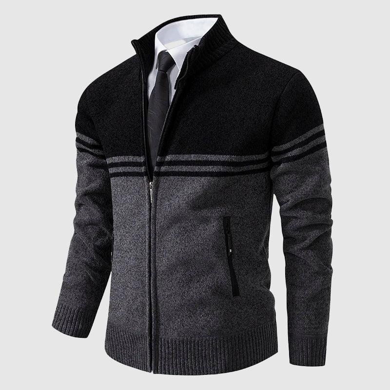 Navy blue two-tone zip-up cardigan with subtle stripes, slim professional cut for executives