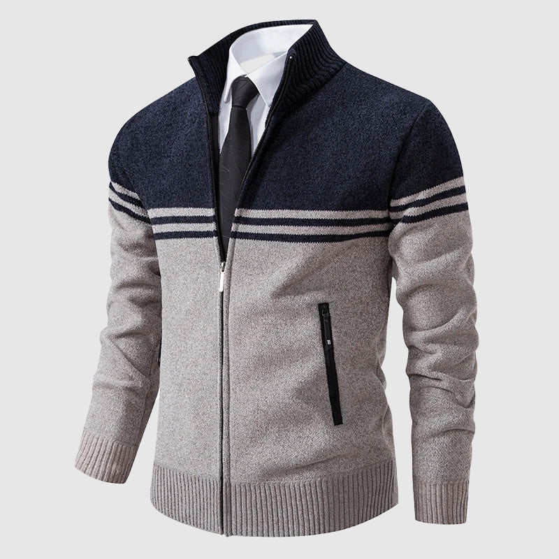 Navy blue two-tone zip-up corporate cardigan with subtle stripes, slim professional cut