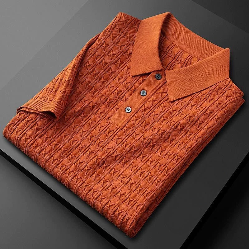 Men's diamond knit polo shirt half-button closure subtle texture elegant smart-casual style