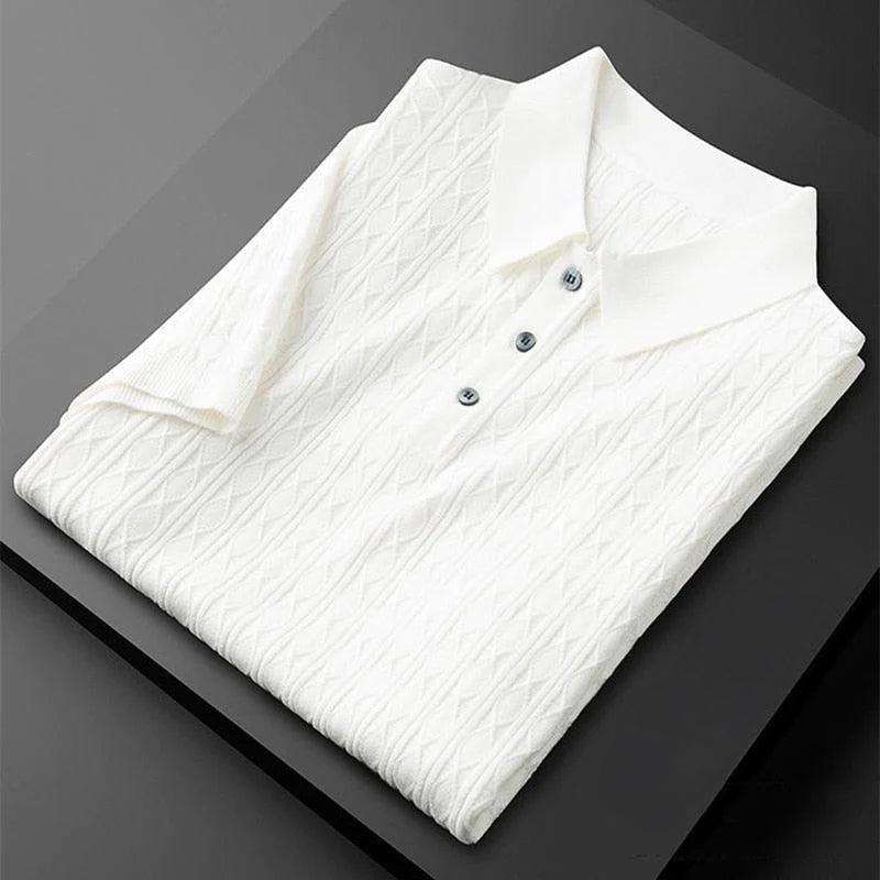 Men's diamond knit polo shirt elegant half-button closure subtle textured weave smart-casual style