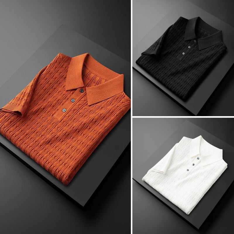 Men's diamond knit polo shirt elegant half-button closure subtle texture versatile smart-casual style