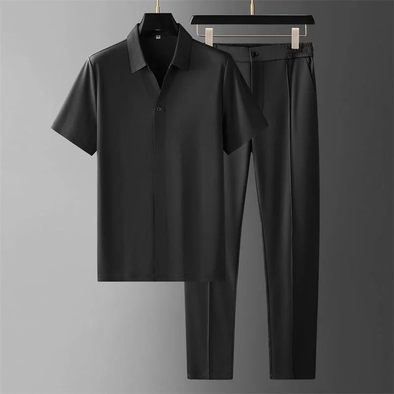 Men's beige v-neck short sleeve shirt and pants elegant matching set with clean drape