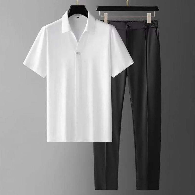 Men's navy blue elegant matching set V-neck short sleeve shirt with tailored comfortable pants