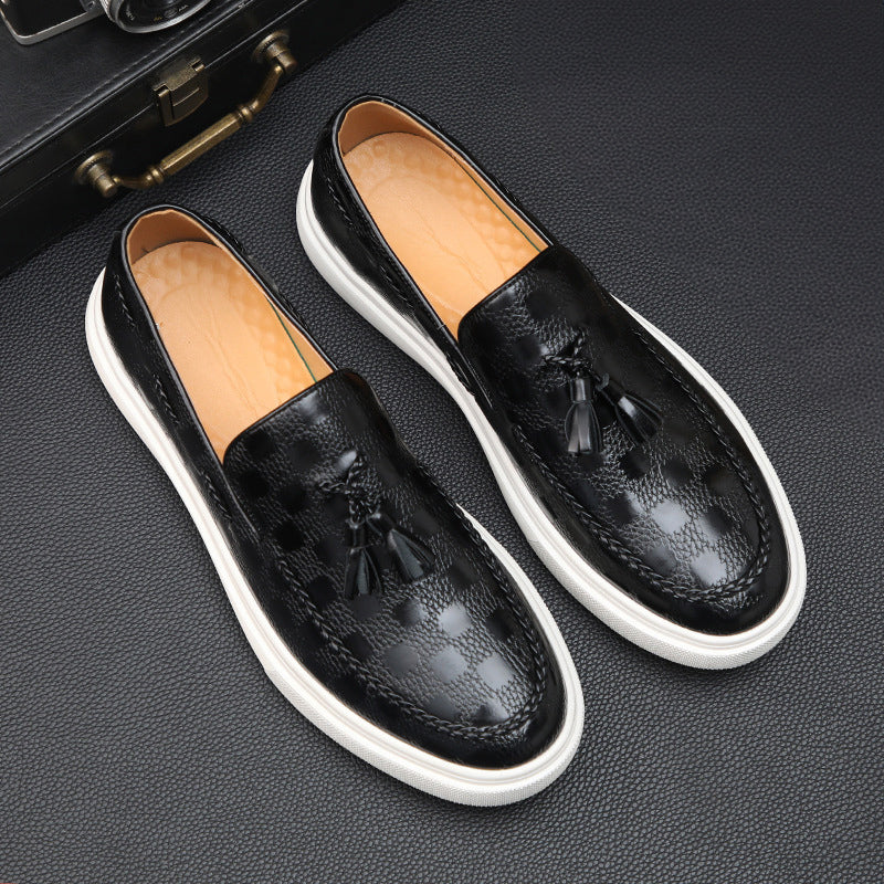Men's brown embossed PU leather slip-on loafers with tassel detail, dress-casual style