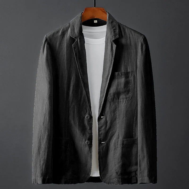 Emerald green linen-cotton blend blazer relaxed crumpled texture lapel collar spring essential