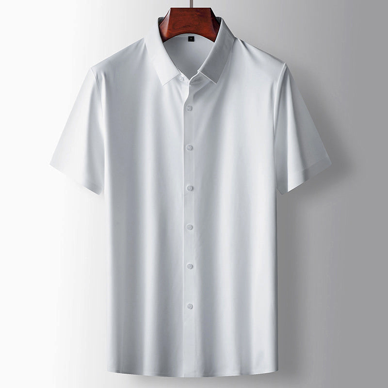 Men's white short-sleeve button-down shirt with turn-down collar, versatile essential for professionals