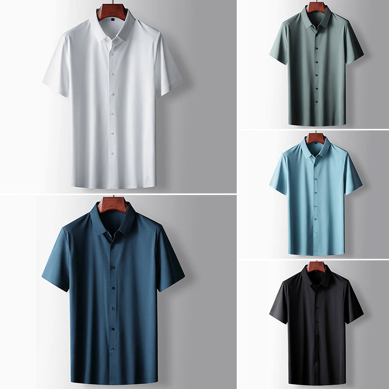Men's white short-sleeve button-down shirt with turn-down collar, polyester blend everyday essential