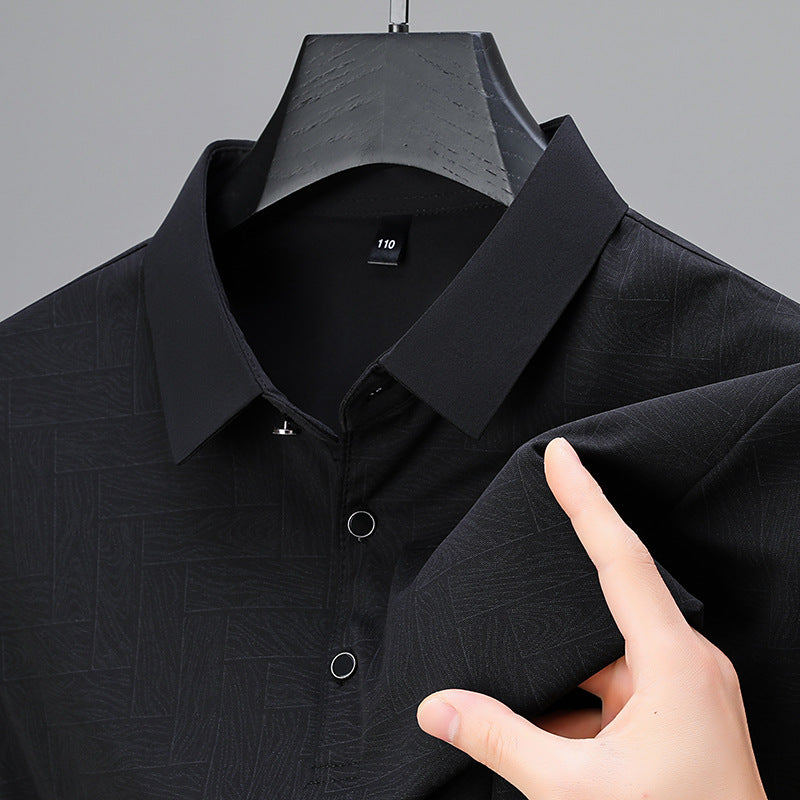 Men's executive polo shirt geometric pattern breathable polyester blend slim-fit modern sophisticated style