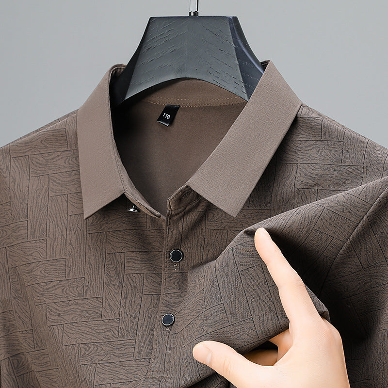 Navy blue executive polo shirt with sharp geometric pattern, slim-fit breathable polyester blend for professionals