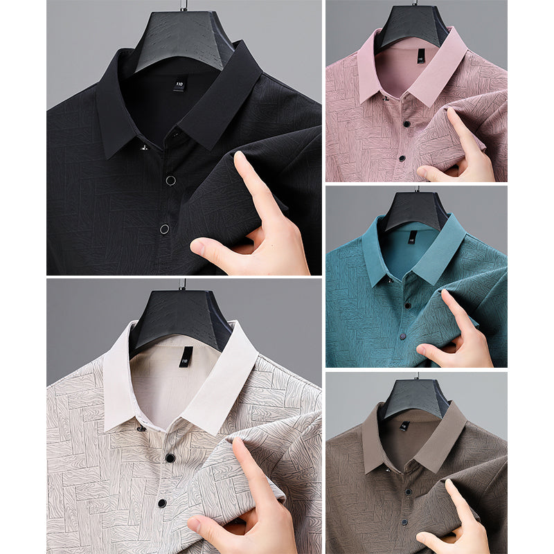 Men's navy geometric pattern executive polo shirt premium breathable slim fit for professionals