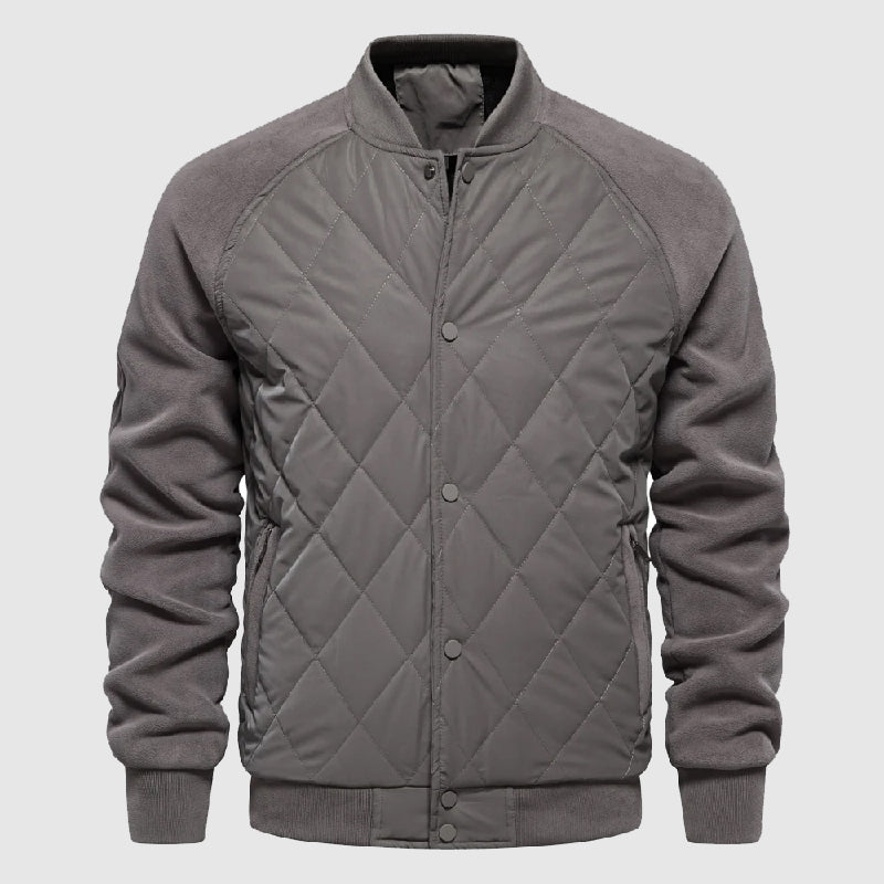 Men's quilted fleece bomber jacket with button front, soft fleece sleeves, rugged outdoor style