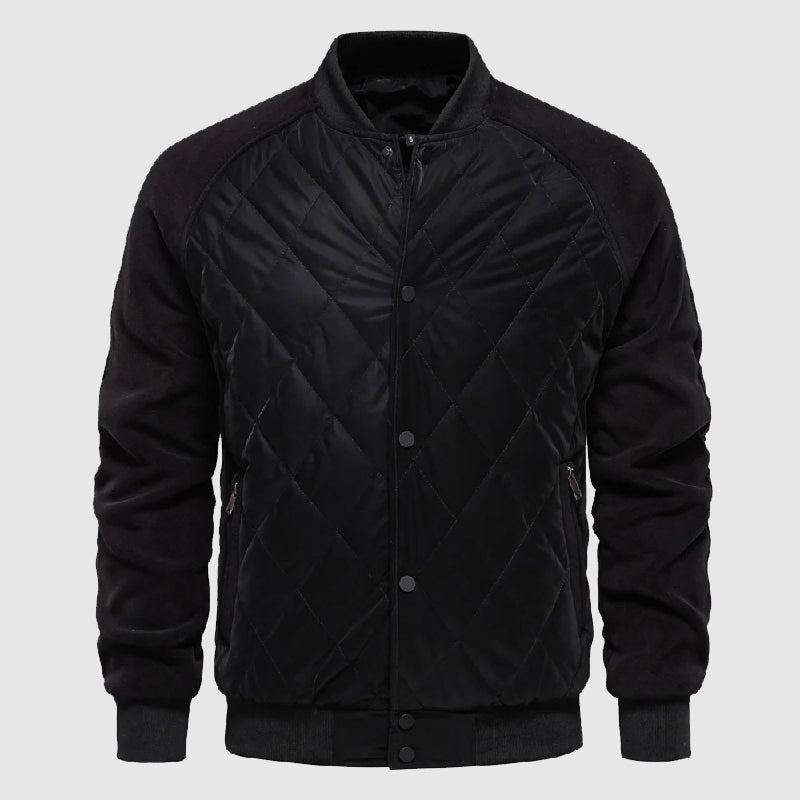 Men's quilted fleece bomber jacket with button front, soft fleece sleeves, rugged outdoor style