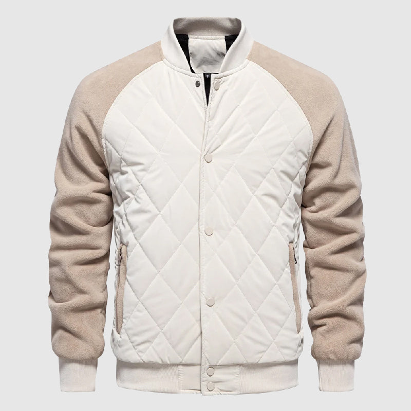 Men's quilted fleece bomber jacket with button front, soft fleece sleeves, rugged outdoor style