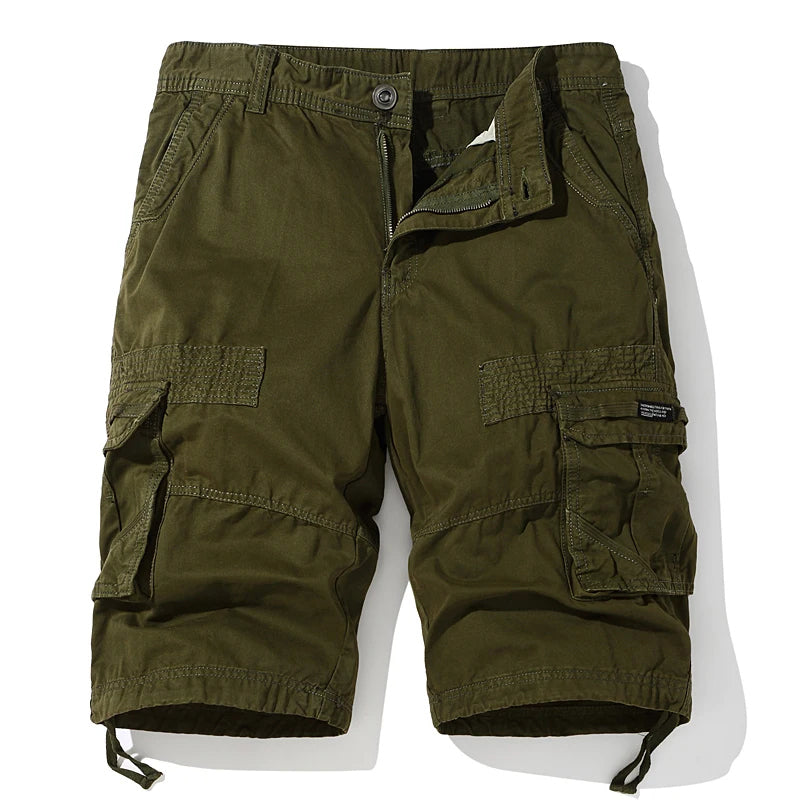 Men's khaki cargo shorts cotton-spandex blend relaxed fit with multi-pocket frontier design