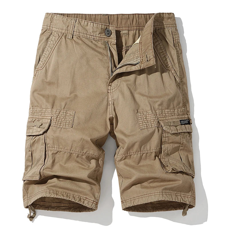 Men's khaki cargo shorts cotton-spandex blend rugged frontier style with multi-pocket design