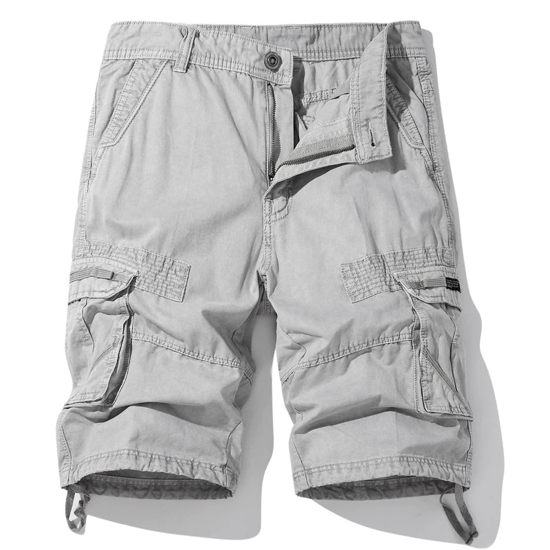 Men's khaki cargo shorts cotton-spandex blend with multi-pocket frontier design for outdoor adventures