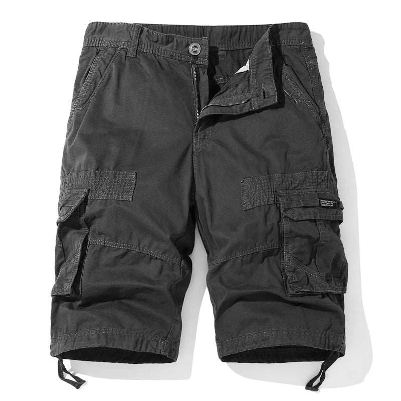 Men's khaki cargo shorts cotton-spandex blend rugged explorer cut with multi-pocket frontier design