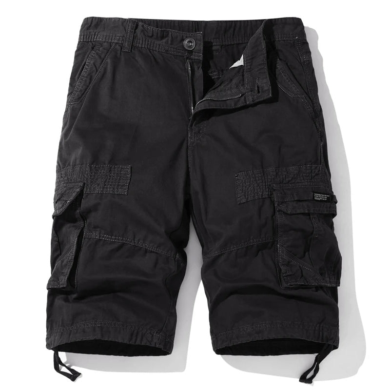 Men's khaki cargo shorts cotton-spandex blend, rugged frontier style with multi-pocket utility design