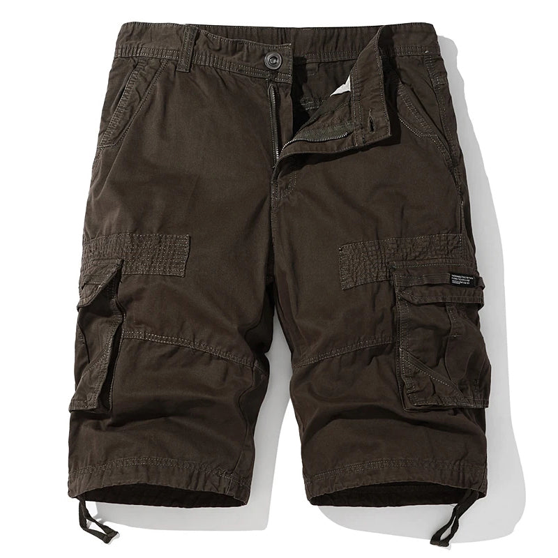 Theodore Willow men's khaki cargo shorts cotton-spandex blend with multi-pocket frontier design