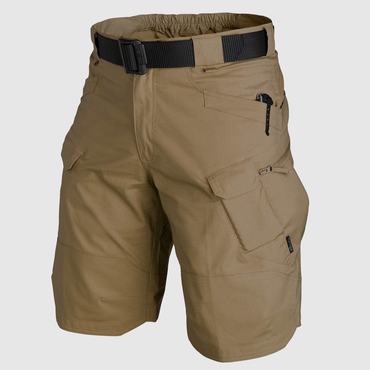 Men's khaki tactical cargo shorts multi-pocket zipper fly outdoor adventure cotton-poly blend