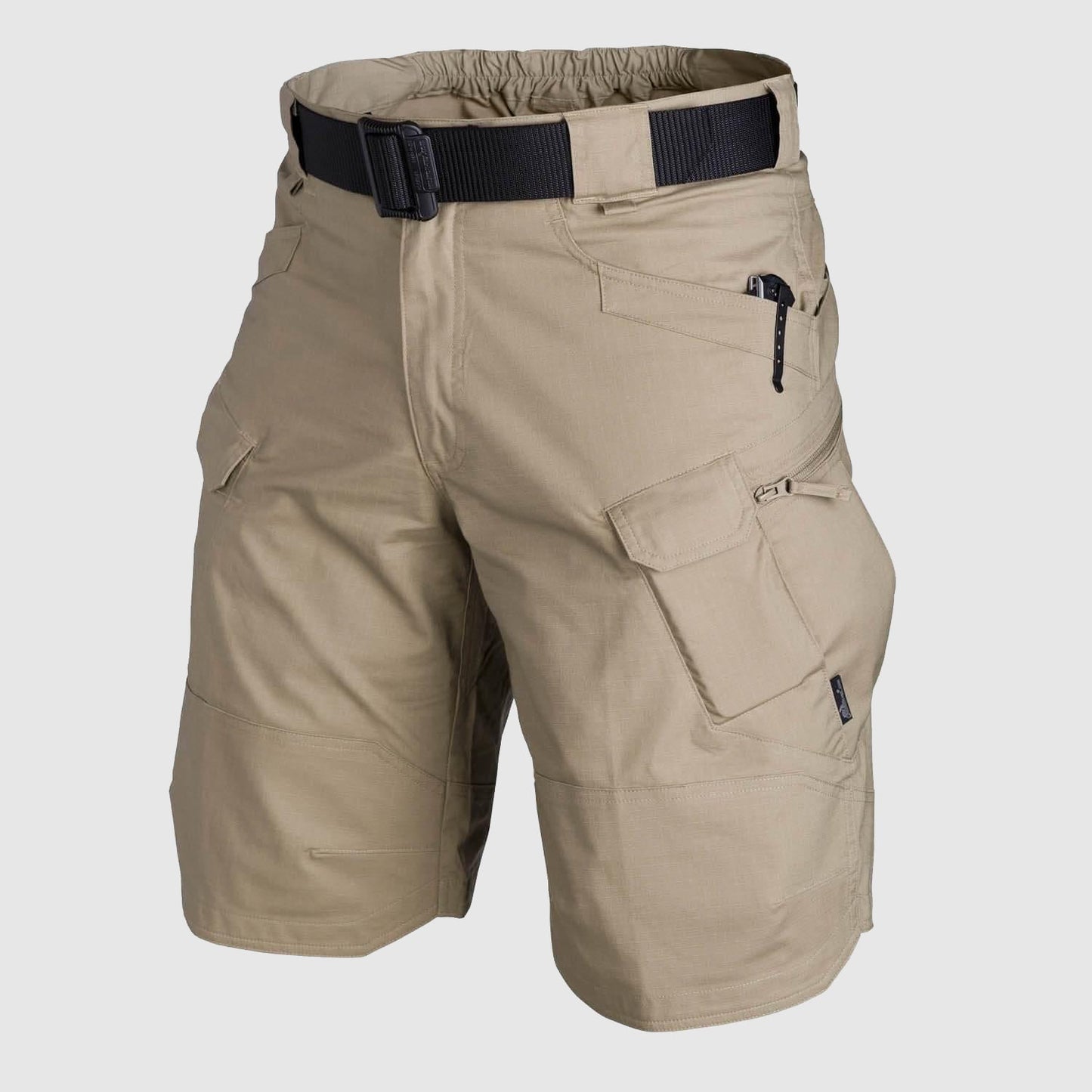 Men's khaki tactical cargo shorts multi-pocket zipper fly outdoor adventure style cotton blend