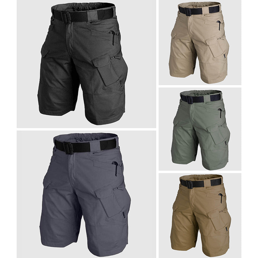 Men's khaki tactical cargo shorts multi-pocket zipper fly adventure outdoor cotton-poly blend