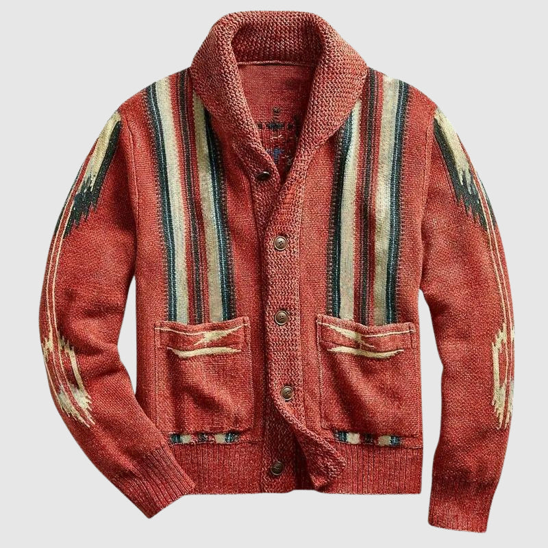 Navy wool blend heritage cardigan jacquard knit lapel collar timeless sophisticated style