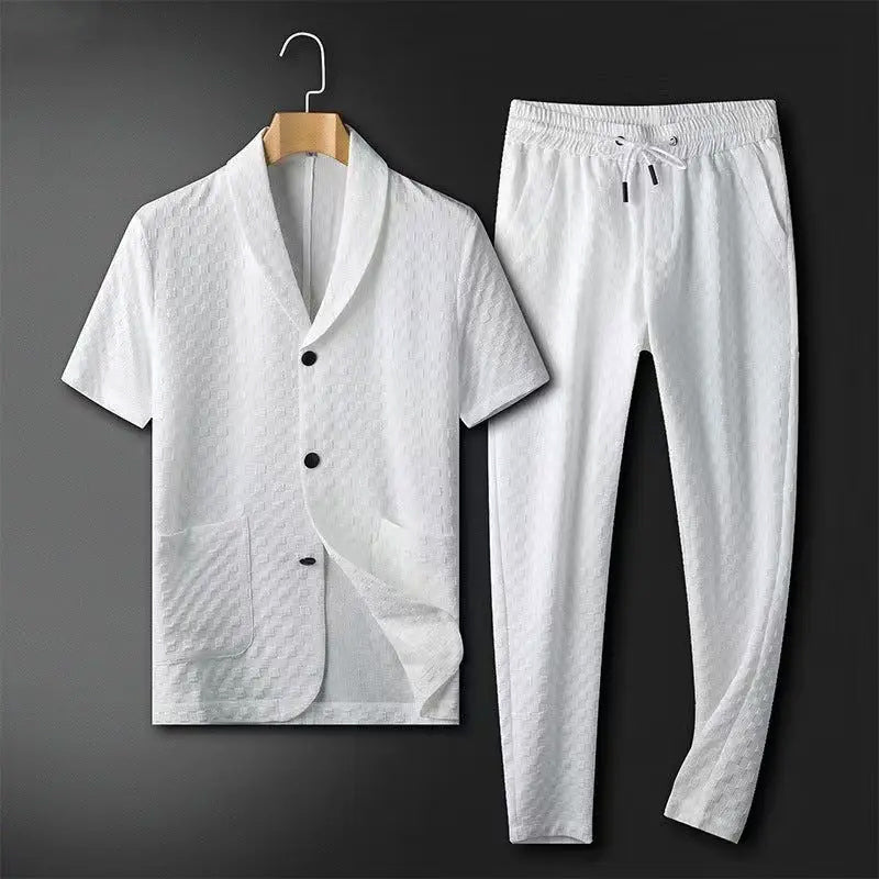 Men's light gray textured cotton blazer and trousers set relaxed fit short-sleeve two-piece