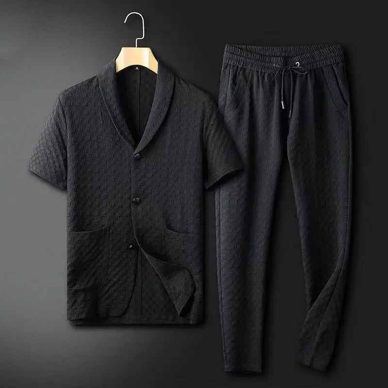 Men's gray textured cotton casual blazer and trousers set relaxed fit short-sleeve two-piece
