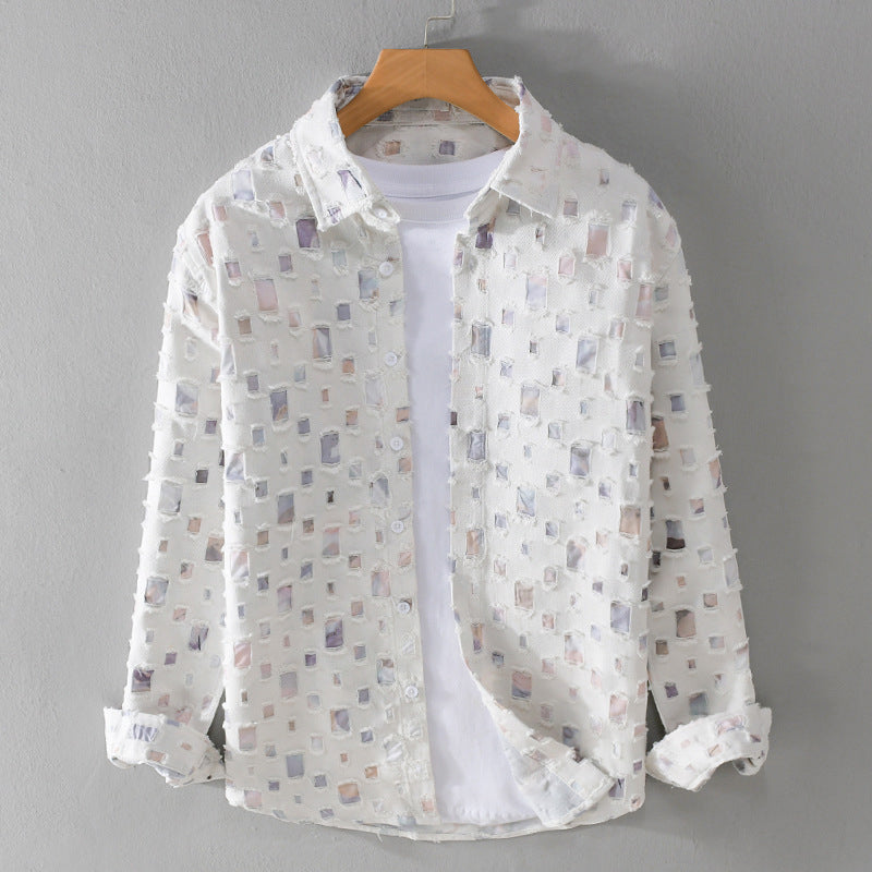 Men's confetti square print cotton shirt casual chic relaxed fit with heritage plaid pattern
