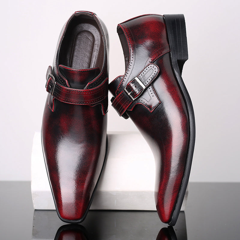 Black lacquered monk strap dress shoes high-gloss finish polished formal silhouette boardroom style