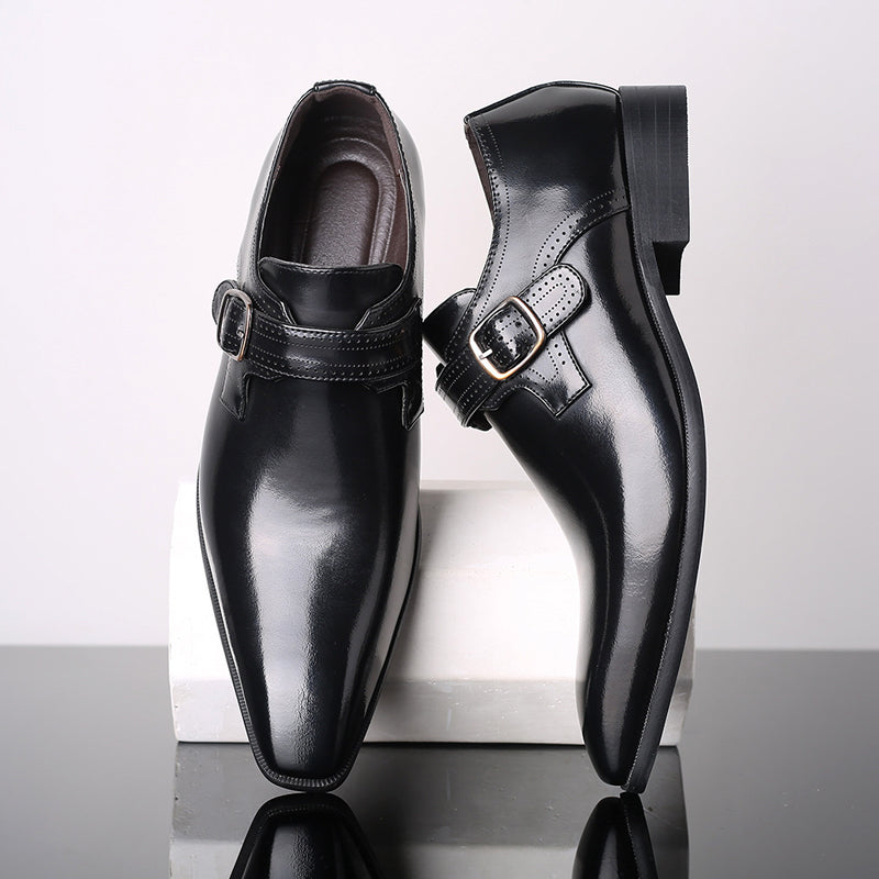 Black lacquered monk strap dress shoes high-gloss finish sleek formal silhouette for professionals