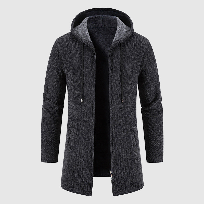 Men's longline plush-lined jacket soft woven exterior subtle pattern warm modern outerwear