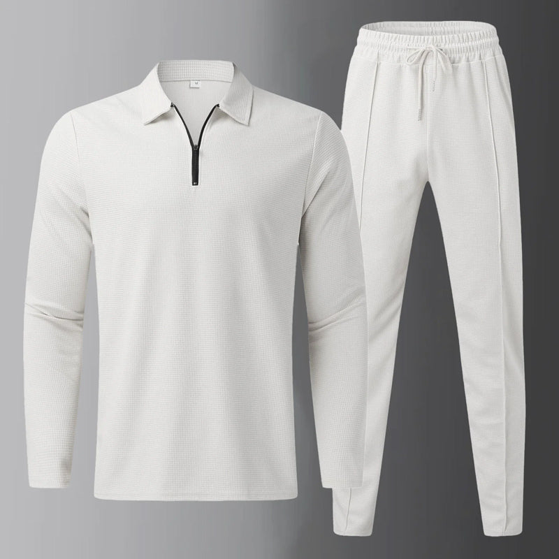 Men's beige leisure set long-sleeve half-zip shirt drawstring comfort pants polyester lounge ensemble
