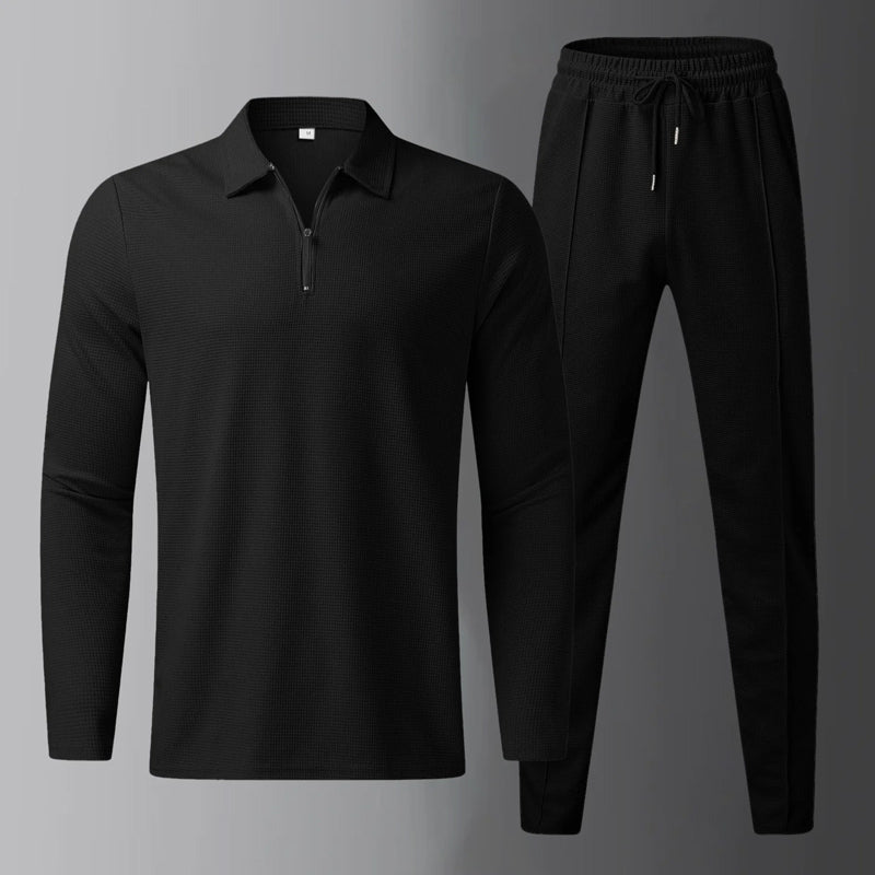 Men's beige leisure lounge set long-sleeve half-zip shirt and drawstring comfort pants