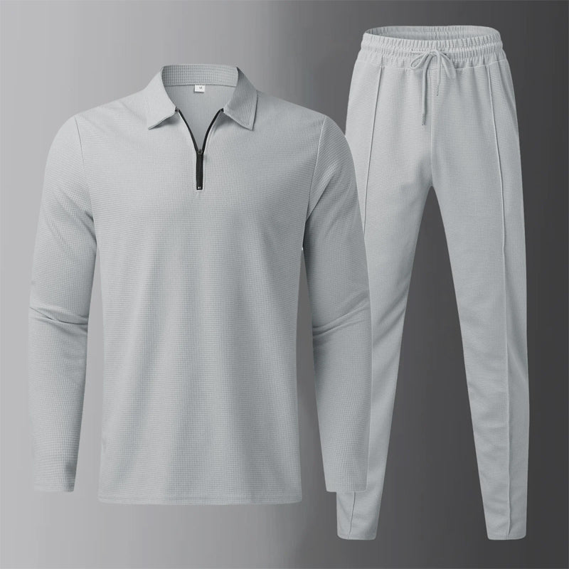 Men's beige leisure lounge set long-sleeve half-zip shirt and drawstring comfort pants