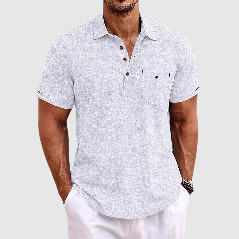 Men's linen polo shirt lightweight breathable solid color casual summer essential with natural texture