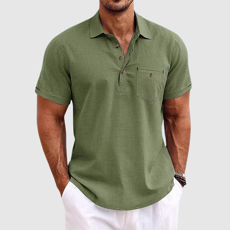 Men's linen polo shirt lightweight breathable solid color casual summer essential with natural texture