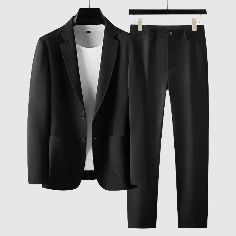 Navy slim fit tailored suit set with notch lapel blazer and matching trousers for professionals