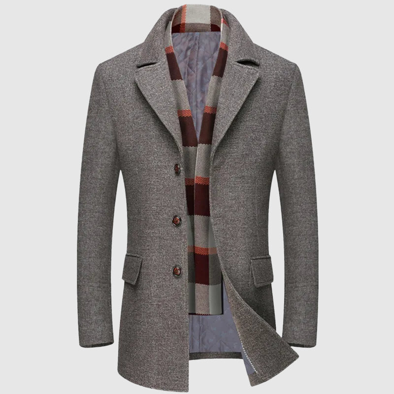 Grey wool tailored coat with quilted lining and integrated plaid scarf, structured notch lapel