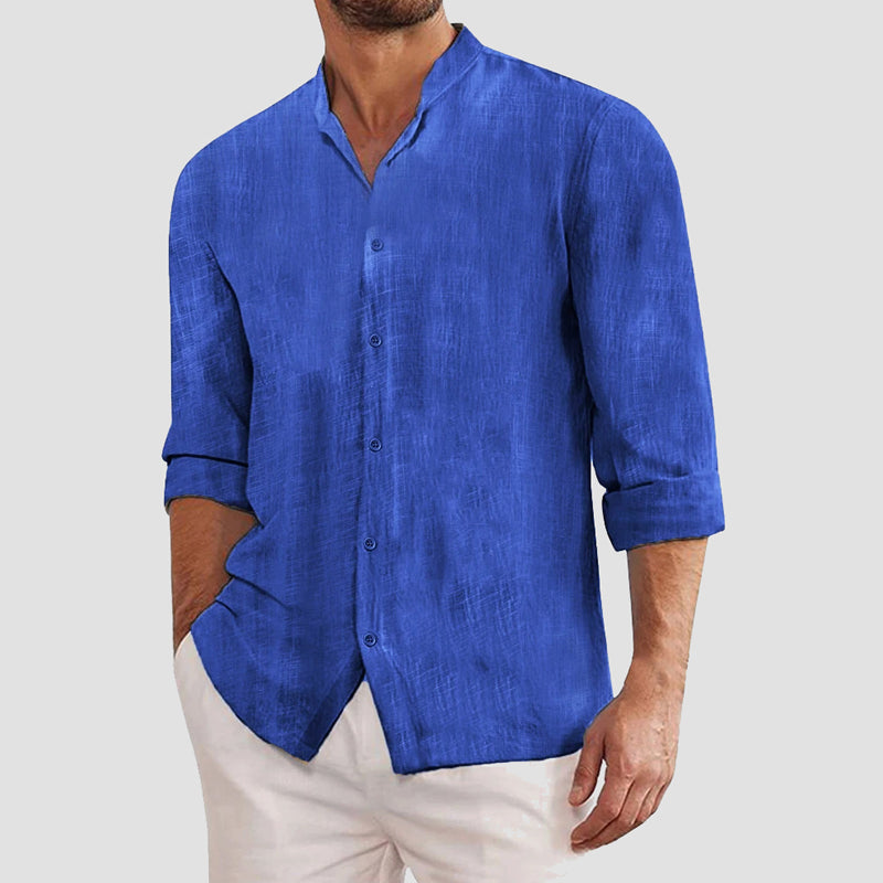 Men's white linen blend button-up shirt with relaxed smart-casual fit and breathable all-day comfort