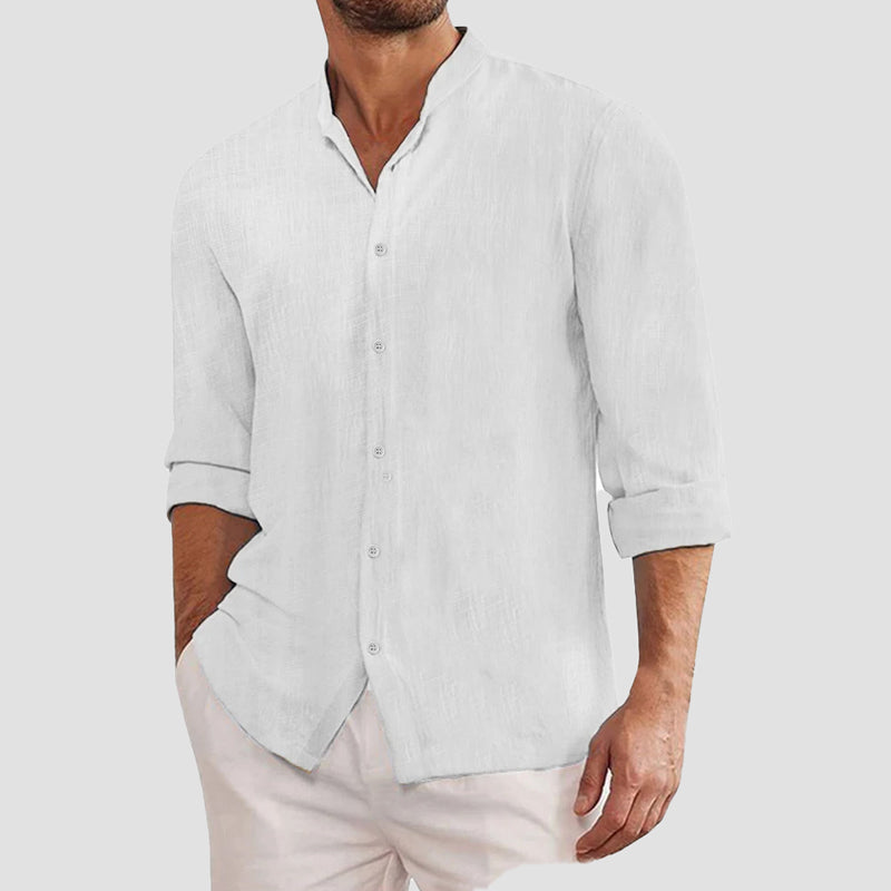 Men's white linen blend shirt relaxed smart-casual fit with breathable premium cotton construction