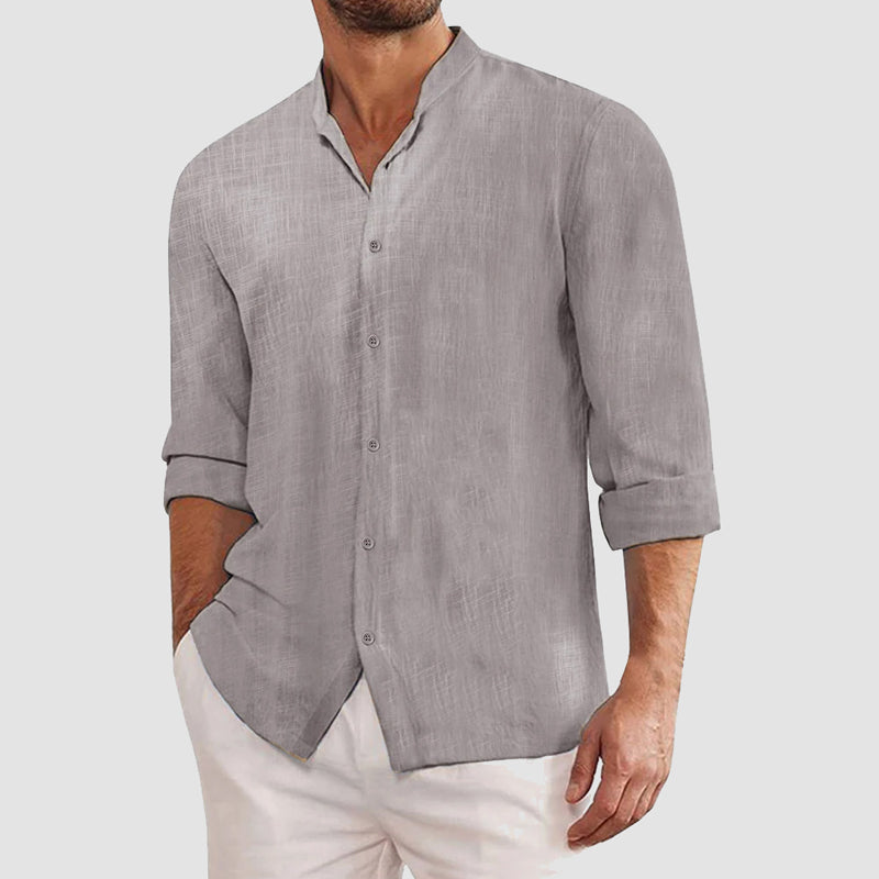 Men's white linen blend button-up shirt relaxed smart-casual fit with breathable premium fabric