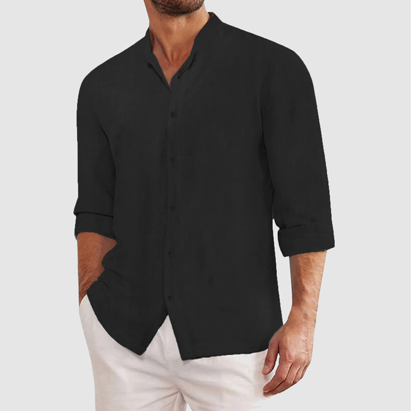 Men's white linen blend dress shirt relaxed smart-casual cut with breathable premium cotton fabric