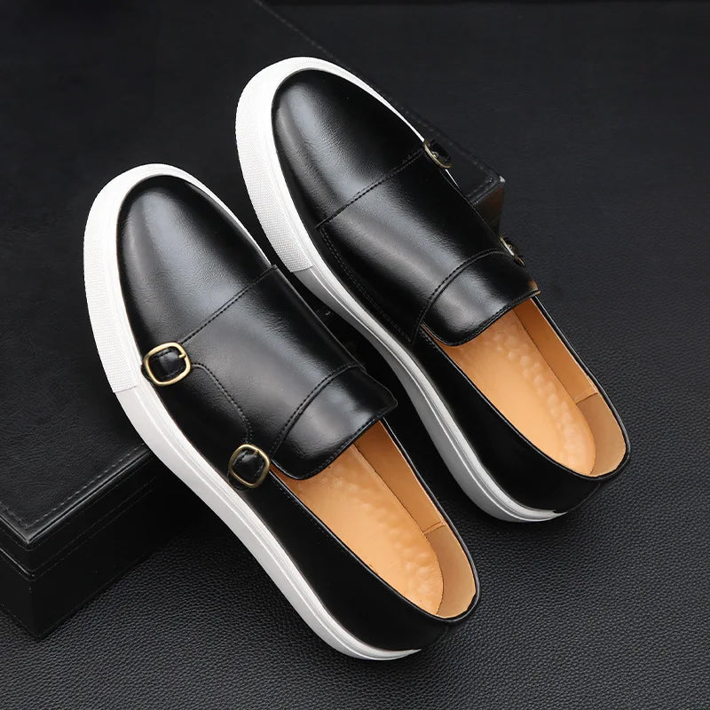Men's black brown leather loafers sleek contemporary silhouette with bold dual-buckle accent formal smart-casual