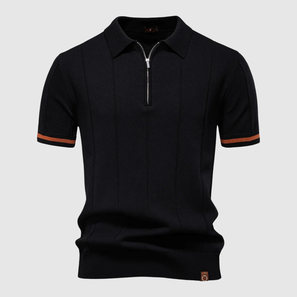 Navy blue athletic fit polo shirt with zip collar breathable polyester-viscose blend modern style