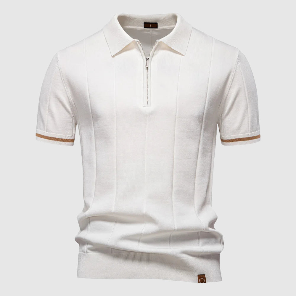 Men's athletic fit polo shirt with zip collar in breathable polyester-viscose blend, sleek modern style