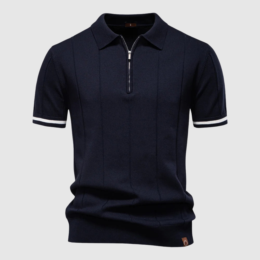 Men's athletic fit polo shirt with zip collar in breathable polyester-viscose blend, sleek modern style