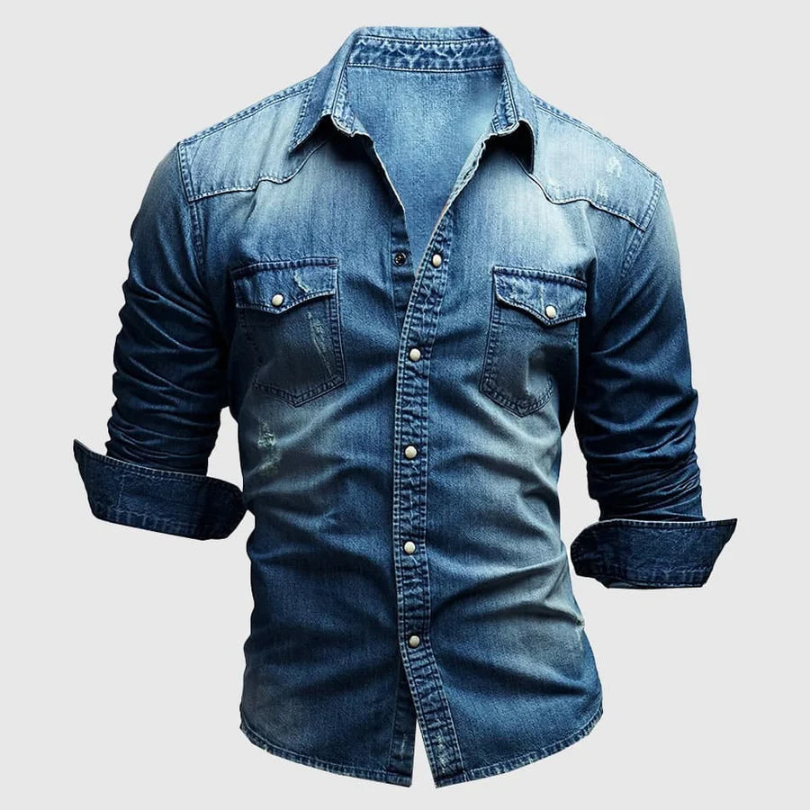 Men's slim fit blue denim shirt with fold-down collar and dual chest pockets, cotton-rich blend